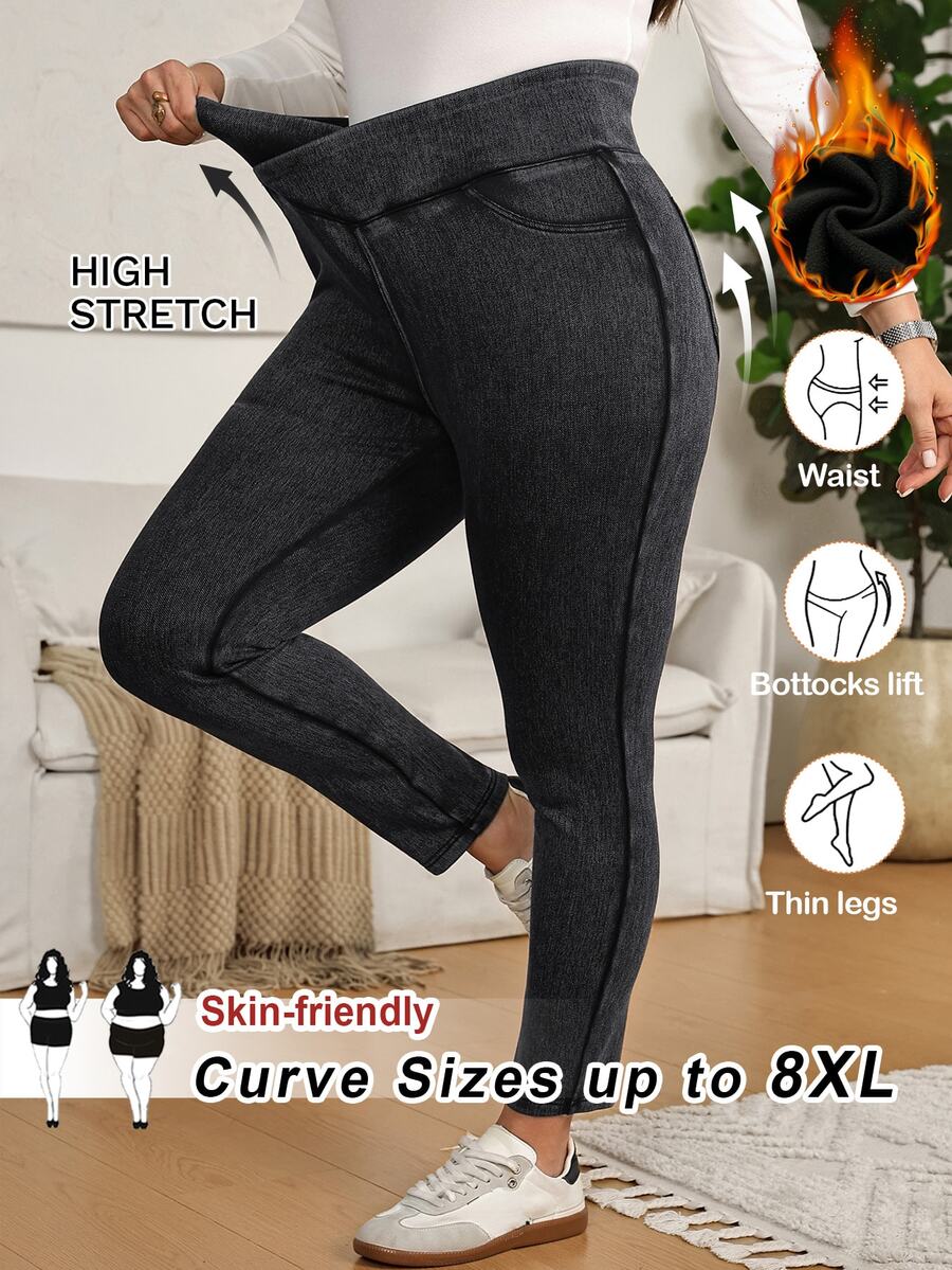 SHEIN CURVE+ Plus Size Women's Casual Stretch Overlap Waist Denim Jeans - Blue - View 1