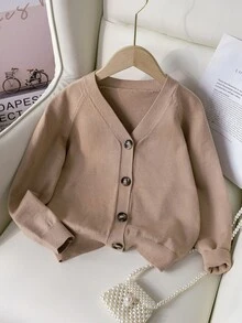 SHEIN Girls Casual All-Match Versatile Knitted Cardigan, Warm Comfortable For Layering, Suitable For School Wear In Autumn/Winter School Everyday Pink - Camel - View 3