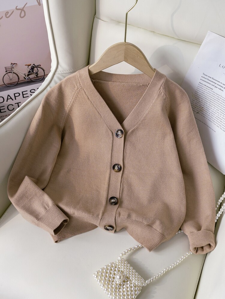 SHEIN Girls Casual All-Match Versatile Knitted Cardigan, Warm Comfortable For Layering, Suitable For School Wear In Autumn/Winter School Everyday Pink - Camel - View 3