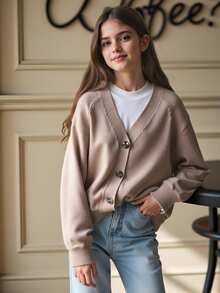 SHEIN Girls Casual All-Match Versatile Knitted Cardigan, Warm Comfortable For Layering, Suitable For School Wear In Autumn/Winter School Everyday Pink - Camel - View 4