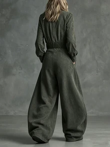 Breezaya Ladies' Spring-Autumn Two Pieces Set: Commuter Retro Elegant Olive Green Deep V-Neck Bell-Sleeve Top + Loose Casual Wide-Leg Curved Pants - Dark Green - View 2
