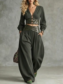 Breezaya Ladies' Spring-Autumn Two Pieces Set: Commuter Retro Elegant Olive Green Deep V-Neck Bell-Sleeve Top + Loose Casual Wide-Leg Curved Pants - Dark Green - View 4