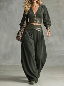 Breezaya Ladies' Spring-Autumn Two Pieces Set: Commuter Retro Elegant Olive Green Deep V-Neck Bell-Sleeve Top + Loose Casual Wide-Leg Curved Pants - Dark Green - View 1