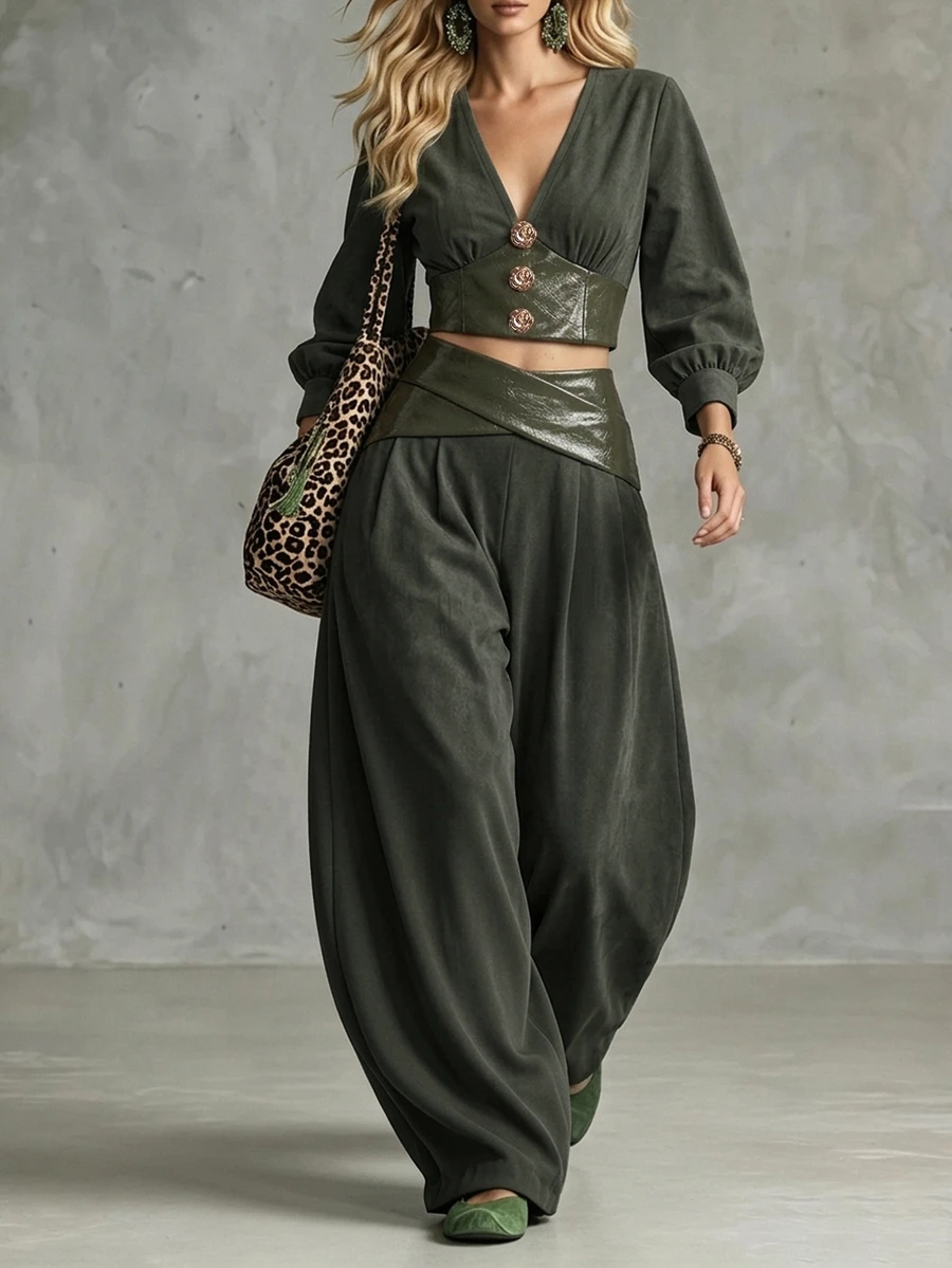 Breezaya Ladies' Spring-Autumn Two Pieces Set: Commuter Retro Elegant Olive Green Deep V-Neck Bell-Sleeve Top + Loose Casual Wide-Leg Curved Pants - Dark Green - View 1