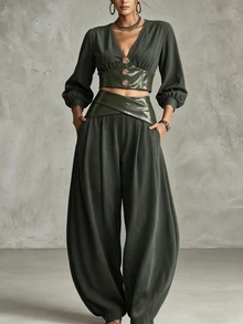 Breezaya Ladies' Spring-Autumn Two Pieces Set: Commuter Retro Elegant Olive Green Deep V-Neck Bell-Sleeve Top + Loose Casual Wide-Leg Curved Pants - Dark Green - View 3