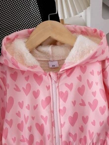 SHEIN 女童秋季粉色愛心印花連帽抓絨羊羔毛內裡拉鍊外套 可愛加厚保暖派克大衣 外穿秋季服飾 - 粉色 - 查看 8