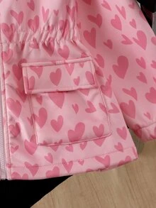 SHEIN 女童秋季粉色愛心印花連帽抓絨羊羔毛內裡拉鍊外套 可愛加厚保暖派克大衣 外穿秋季服飾 - 粉色 - 查看 5