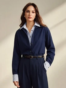 Anewsta 女款新款復古學院風休閒慵懶通勤條紋拼接二合一 Polo 領長袖落肩襯衫 - 藏蓝色 - 查看 6