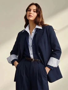 Anewsta 女款新款復古學院風休閒慵懶通勤條紋拼接二合一 Polo 領長袖落肩襯衫 - 藏蓝色 - 查看 4