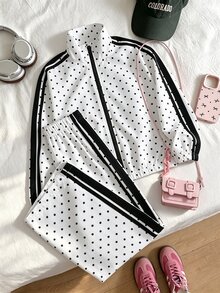 SHEIN Sparklyn 青少年女孩秋季套裝 黑白波點前開拉鍊夾克褲子 運動風酷女孩套裝 適合假期校園學生 - 白色 - 查看 4