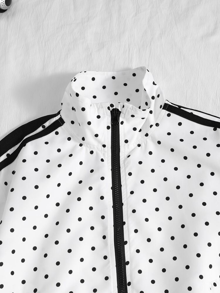 SHEIN Sparklyn Tween Girl Autumn Outfits Black And White Polka Dot Zipper Front Jacket Pants Band Athletic Cool Girl Set Holiday School Student - White - View 7