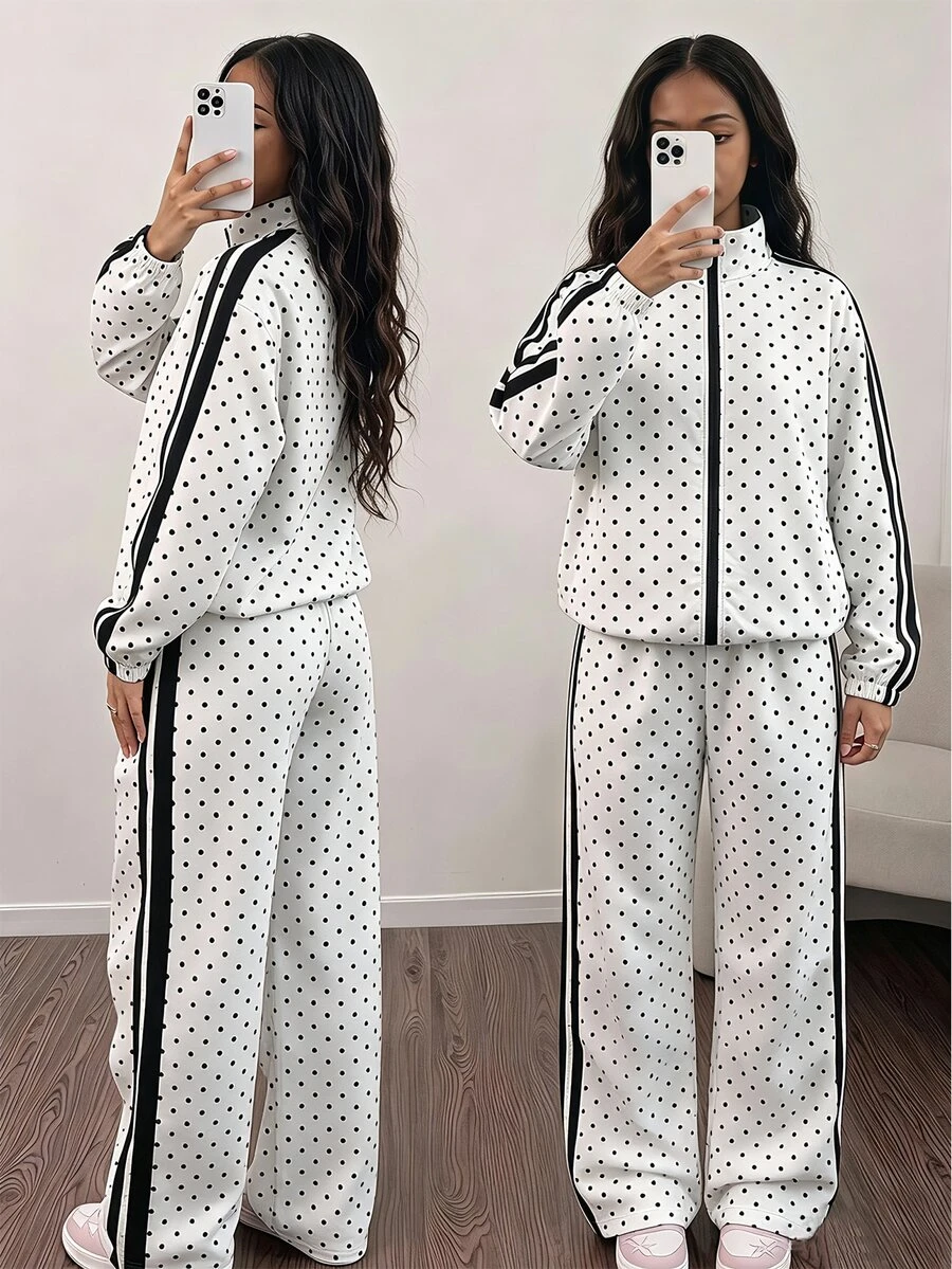 SHEIN Sparklyn 青少年女孩秋季套裝 黑白波點前開拉鍊夾克褲子 運動風酷女孩套裝 適合假期校園學生
