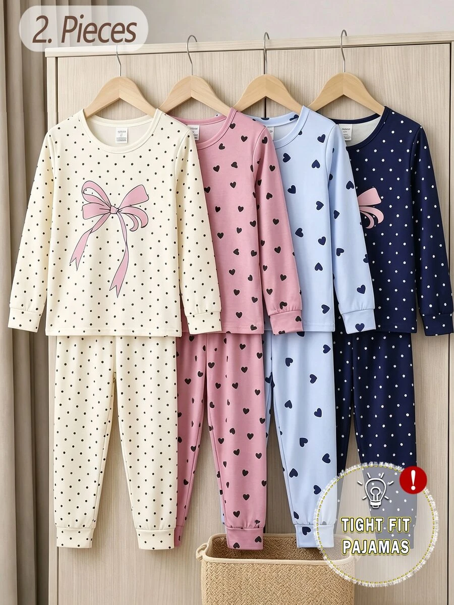 SHEIN Sparklyn 女童 2 件組愛心印花長袖上衣與秋冬長褲修身睡衣套裝，居家服，圓領針織波點蝴蝶結，柔軟舒適可愛