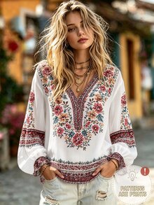 Selamara بلوزة كاجوال نسائية بنقشة زهور وياقة على شكل حرف V وأكمام طويلة - متعدد الألوان - مشاهدة 1