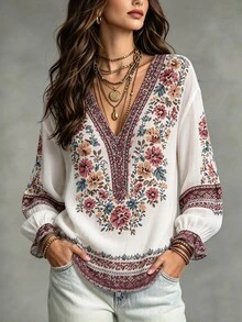 Selamara بلوزة كاجوال نسائية بنقشة زهور وياقة على شكل حرف V وأكمام طويلة - متعدد الألوان - مشاهدة 6