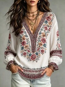 Selamara بلوزة كاجوال نسائية بنقشة زهور وياقة على شكل حرف V وأكمام طويلة - متعدد الألوان - مشاهدة 5