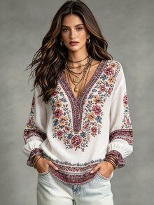 Selamara بلوزة كاجوال نسائية بنقشة زهور وياقة على شكل حرف V وأكمام طويلة - متعدد الألوان - مشاهدة 7