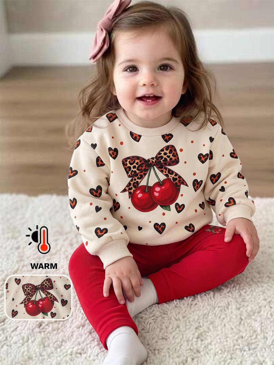 SHEIN Setelan 2 Potong untuk Bayi Perempuan: Baju Sweatshirt Kasual Leher Bulat Motif Rusa Lucu Rajut Warna Polos dan Celana Panjang Kasual Motif Bunga - MultiWarna - View 1