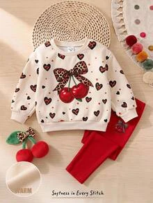 SHEIN Setelan 2 Potong untuk Bayi Perempuan: Baju Sweatshirt Kasual Leher Bulat Motif Rusa Lucu Rajut Warna Polos dan Celana Panjang Kasual Motif Bunga - MultiWarna - View 4