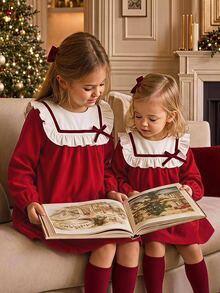 SHEIN Gaun Kasual Bayi Perempuan Tenun Warna Kontras dengan Hem Berumbai, Gaun Merah, Cocok untuk Pesta, Jalan-jalan, Pertemuan, Natal, Liburan, dan Acara Lainnya - Red and White - View 5