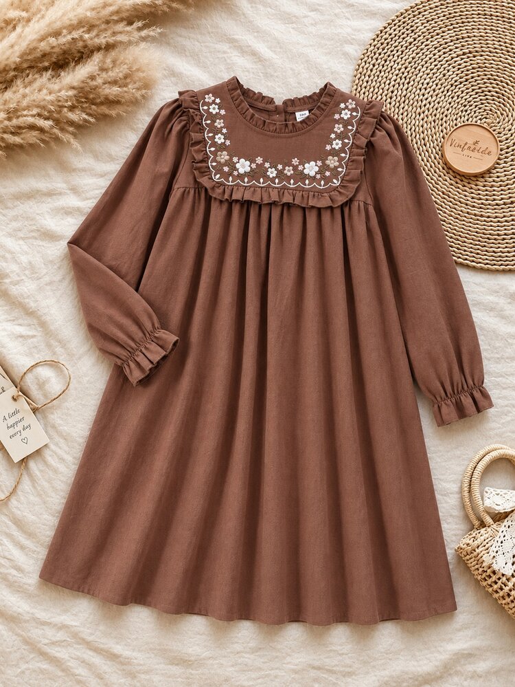 SHEIN Tween Girls Autumn Cotton Casual Cottage Dress Vintage Floral Graphic Print Ruffled Collar Long Sleeve Thanksgiving Flowergirl Party Brown Floral - Mocha Brown - View 5