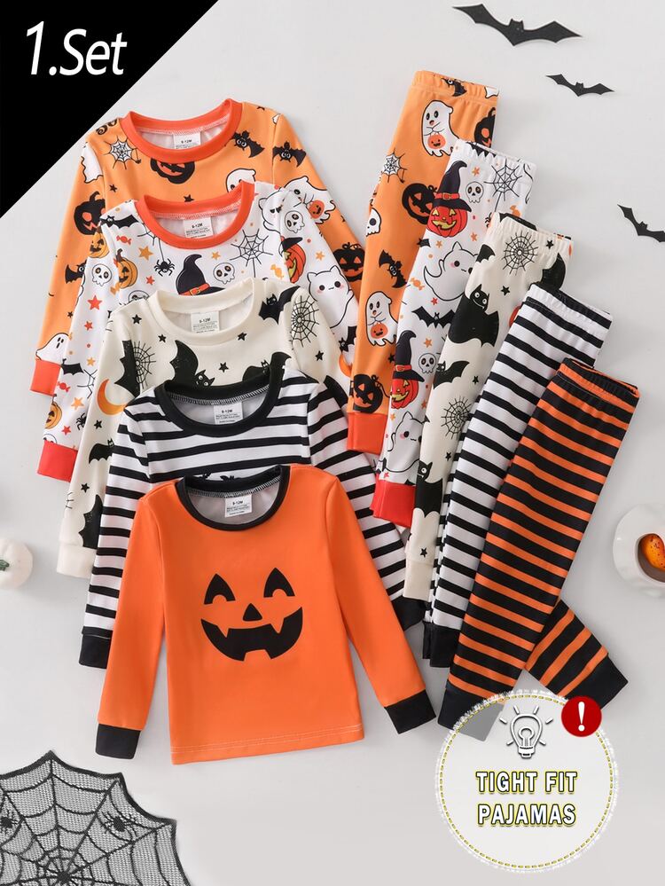 [5 Sets Randomly Sent 1 Set]Baby Boys Pajamas Halloween Cute Skeleton Pumpkin Print Long Sleeve Long Pants Knit Comfortable Soft Snug Fit Sleepwear Homewear Set - Multicolor - View 1