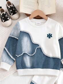2pcs Baby Boys Sweatshirt Sets Streetwear White Blue Letter Print Patchwork Long Sleeve Loose Fall Winter Fall Style Navy Blue - Multicolor - View 4