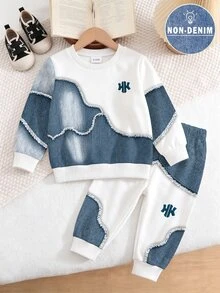 2pcs Baby Boys Sweatshirt Sets Streetwear White Blue Letter Print Patchwork Long Sleeve Loose Fall Winter Fall Style Navy Blue - Multicolor - View 3