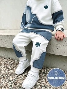 2pcs Baby Boys Sweatshirt Sets Streetwear White Blue Letter Print Patchwork Long Sleeve Loose Fall Winter Fall Style Navy Blue - Multicolor - View 1