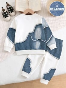 2pcs Baby Boys Sweatshirt Sets Streetwear White Blue Letter Print Patchwork Long Sleeve Loose Fall Winter Fall Style Navy Blue - Multicolor - View 2