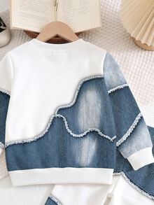 2pcs Baby Boys Sweatshirt Sets Streetwear White Blue Letter Print Patchwork Long Sleeve Loose Fall Winter Fall Style Navy Blue - Multicolor - View 6