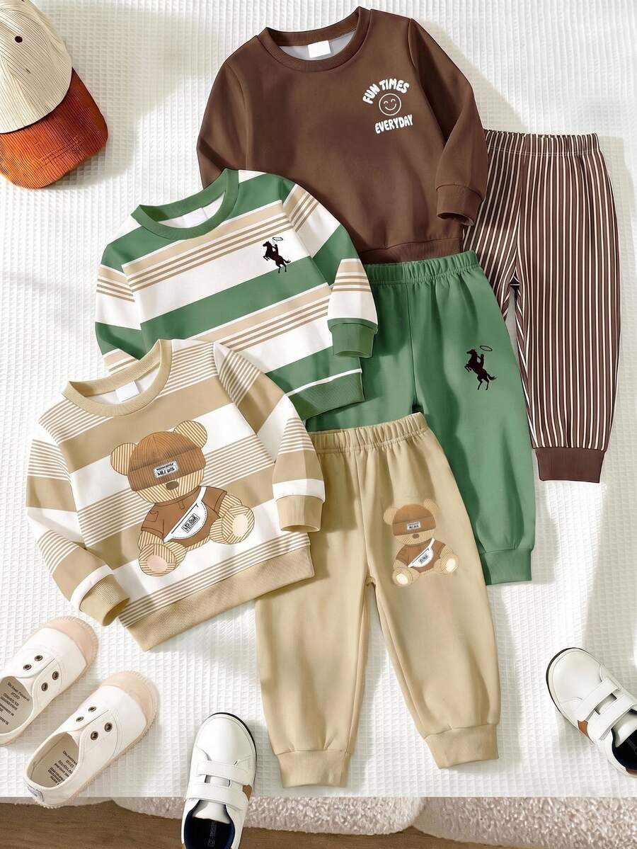 SHEIN 2pcs Young Boys Sweatshirt Pants Set Casual White Bear Graphic Long Sleeve Crew Neck Autumn Back To School Birthday - Multicolor - View 1