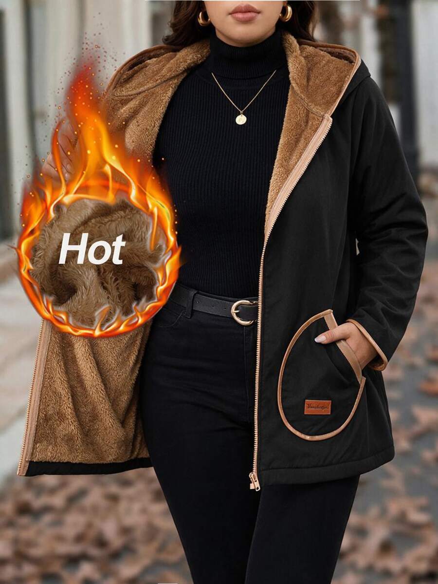 SHEIN Clasi Plus Size Streetwear Denim Pocket Zipper Faux Fur Hooded Jacket - Black - View 1