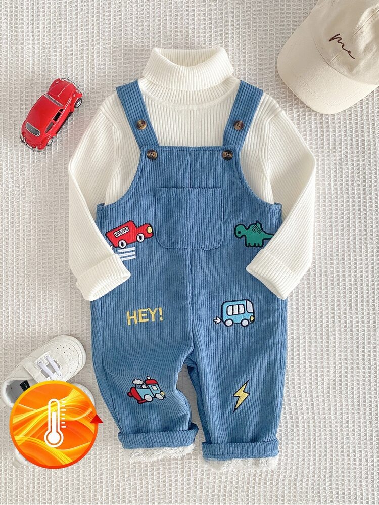 Souflis Souflis 2pcs Baby Boy Corduroy Overalls Sweater Cute Preppy Blue Car Dinosaur Embroidery Long Sleeve High Neck Thick Party Fall Winter Christmas Holiday Plush - Blue - View 4