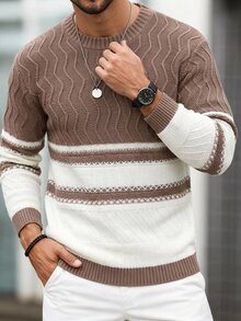Manfinity Homme Men's Contrast Color Long Sleeve Casual Commuter Crew Neck Loose Fit Sweater Men Knitted Cream Men V Neck Sweater Textured Old Money - Brown - View 1