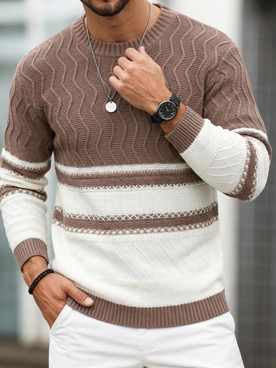 Manfinity Homme Men's Contrast Color Long Sleeve Casual Commuter Crew Neck Loose Fit Sweater Men Knitted Cream Men V Neck Sweater Textured Old Money - Brown - View 1