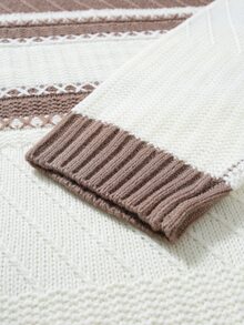 Manfinity Homme Men's Contrast Color Long Sleeve Casual Commuter Crew Neck Loose Fit Sweater Men Knitted Cream Men V Neck Sweater Textured Old Money - Brown - View 4
