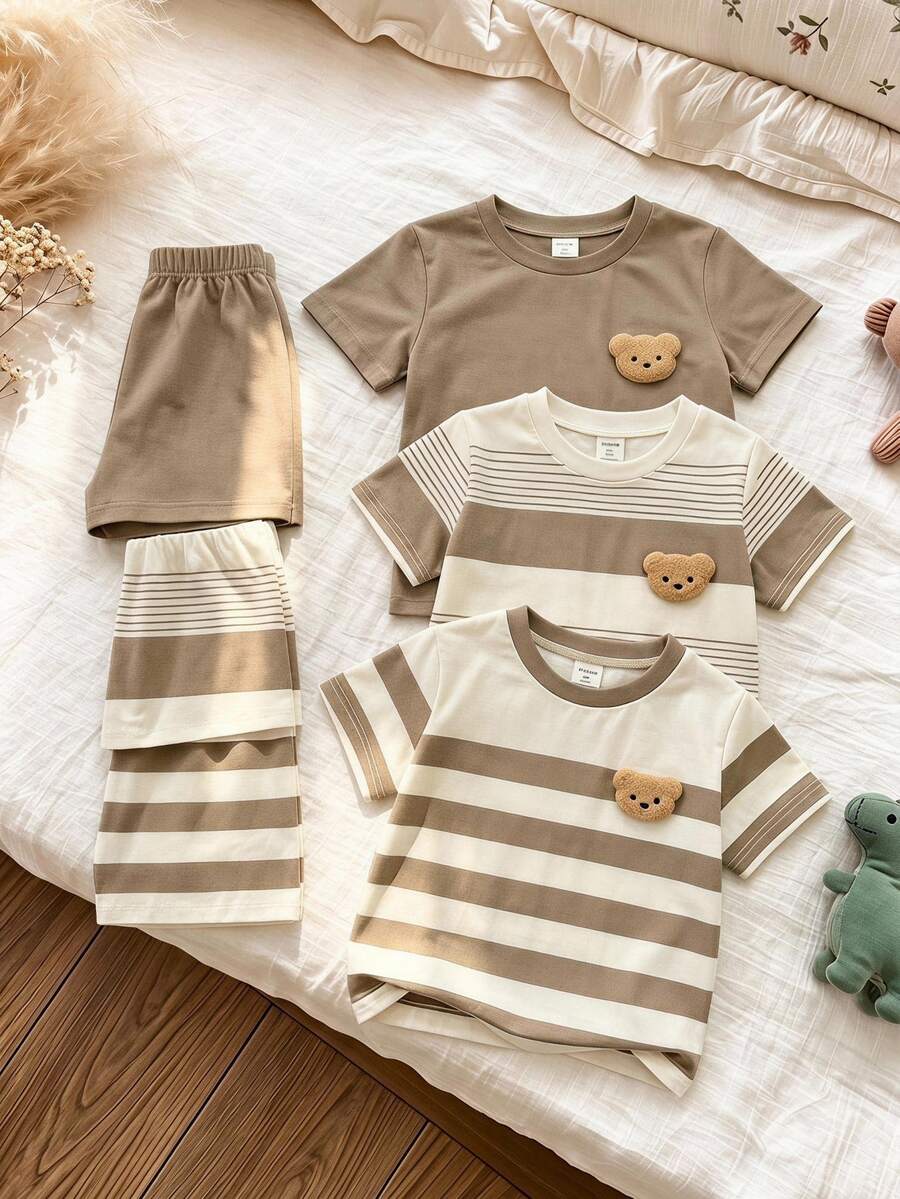 SHEIN 2件組男嬰休閒可愛簡約卡其色條紋熊圖案短袖寬鬆圓領T恤套裝,適合夏季度假、上學與假期 - 彩色 - 查看 1