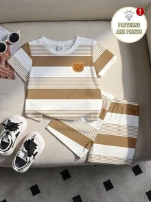 SHEIN 2件組男嬰休閒可愛簡約卡其色條紋熊圖案短袖寬鬆圓領T恤套裝，適合夏季度假、上學與假期 - 彩色 - 查看 4
