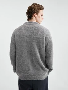 NEOSTRIT Men's Letter Pattern Distressed Design Dropped Shoulder Crew Neck Solid Color Sweater Swag Couple Matching Outfit - Dark Grey - View 7