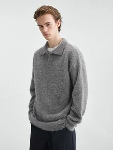 NEOSTRIT Men's Letter Pattern Distressed Design Dropped Shoulder Crew Neck Solid Color Sweater Swag Couple Matching Outfit - Dark Grey - View 3