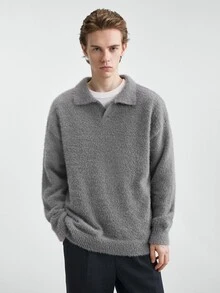 NEOSTRIT Men's Letter Pattern Distressed Design Dropped Shoulder Crew Neck Solid Color Sweater Swag Couple Matching Outfit - Dark Grey - View 6