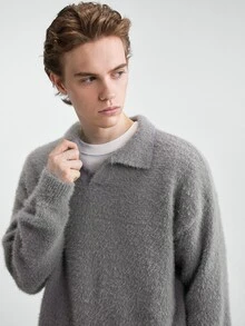 NEOSTRIT Men's Letter Pattern Distressed Design Dropped Shoulder Crew Neck Solid Color Sweater Swag Couple Matching Outfit - Dark Grey - View 4
