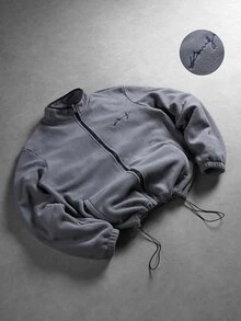 Manfinity Roghcode 男士抓絨拉鍊夾克，立領拉鍊刺繡抓絨外套，抽繩下擺設計，適合日常穿著、外出、運動休閒、學校、派對、音樂節、休閒場合。可作為禮物送給朋友、男朋友 - 深灰色 - 查看 3