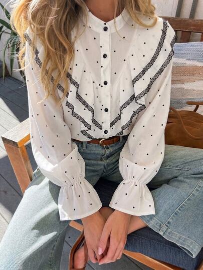 SHEIN PariChic Blusa elegante de mujer con lunares franceses, volantes, encaje, patchwork y mangas acampanadas largas, top elegante de principios de otoño, conjunto de otoño para mujer
