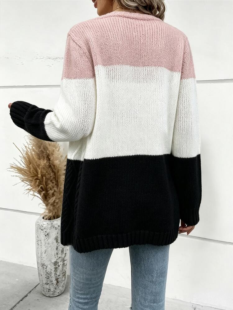 SHEIN Women's Contrast Color Drop Shoulder Long Sleeve Casual French Preppy Knit Cardigan Brunch School Black And White Autumn Brunch School - Multicolor - View 2