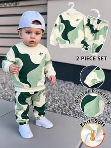 2pcs Baby Boys Sweatshirt Sweatpants Set Casual Cowboy Modest Active Green And White Striped Abstract Block Long Sleeve Crew Neck Autumn Outfits Cute - Multicolor - View 1