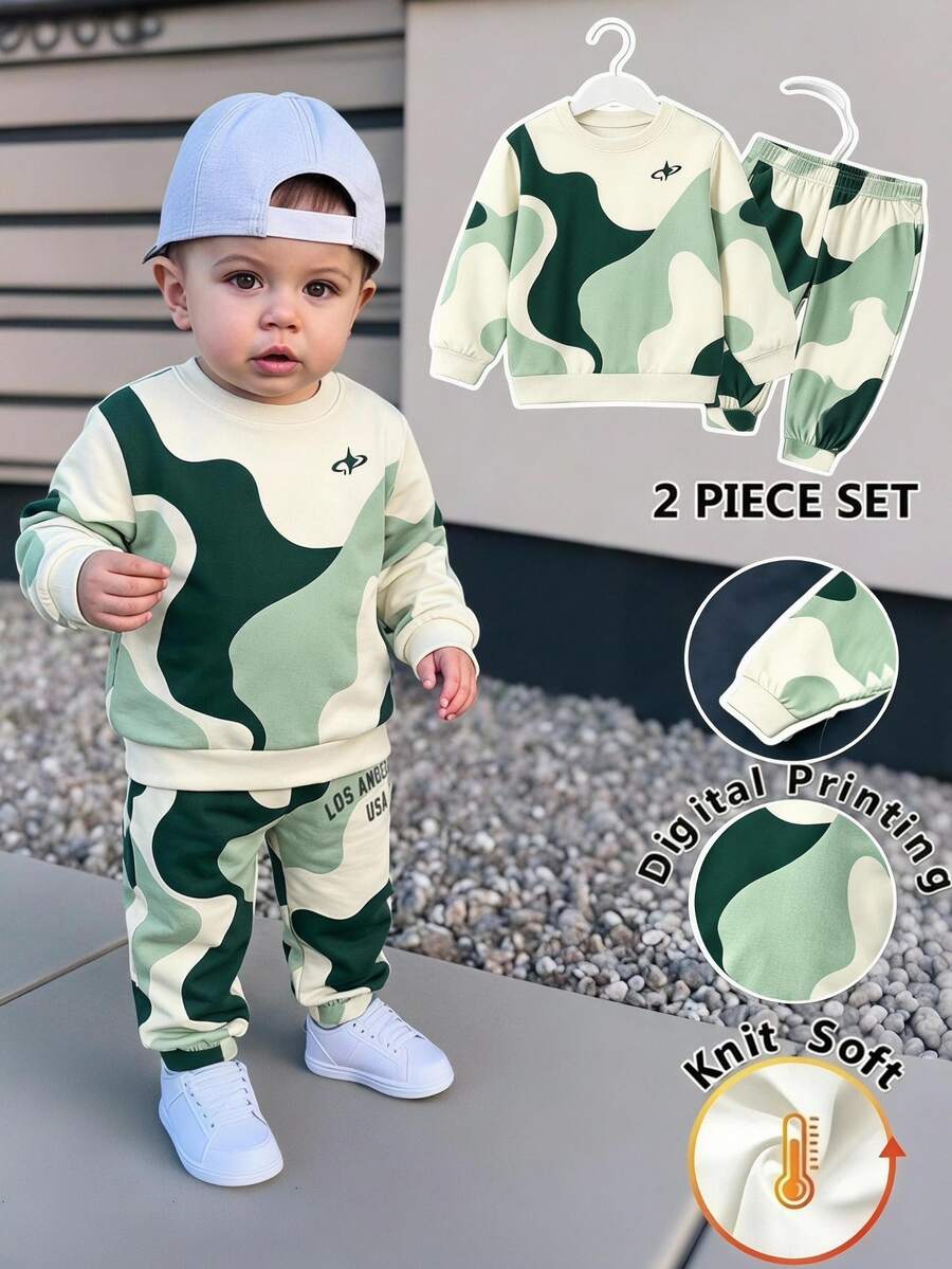 2pcs Baby Boys Sweatshirt Sweatpants Set Casual Cowboy Modest Active Green And White Striped Abstract Block Long Sleeve Crew Neck Autumn Outfits Cute - Multicolor - View 1