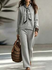 SHEIN Women's Round Neck Elegant Paisley Ribbon Tie Single-Breasted Long Sleeve Cardigan + Straight Leg Knit Pants 2 Pieces Set - Grey - View 4