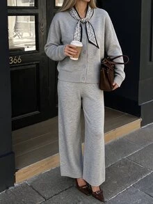 SHEIN Women's Round Neck Elegant Paisley Ribbon Tie Single-Breasted Long Sleeve Cardigan + Straight Leg Knit Pants 2 Pieces Set - Grey - View 5
